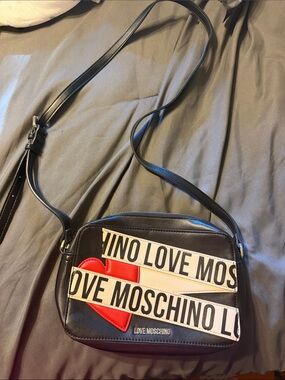 Love Moschino Black Crossbody with Red Heart and Logo Tape
